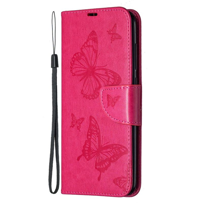 Leren Hoesje Xiaomi Redmi Note 9 Magenta Grijs Vlinders En Schuine Flap