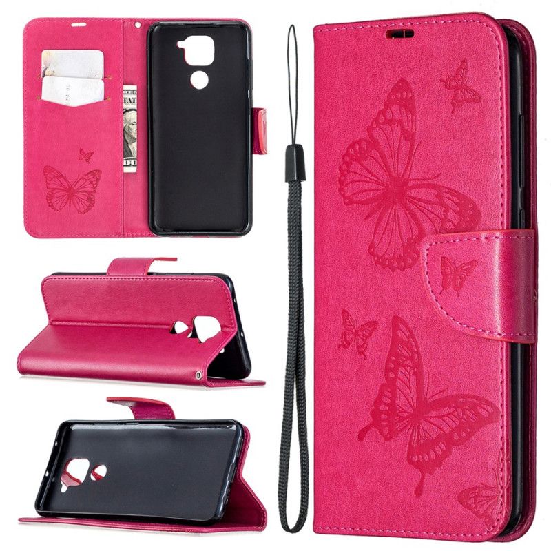 Leren Hoesje Xiaomi Redmi Note 9 Magenta Grijs Vlinders En Schuine Flap