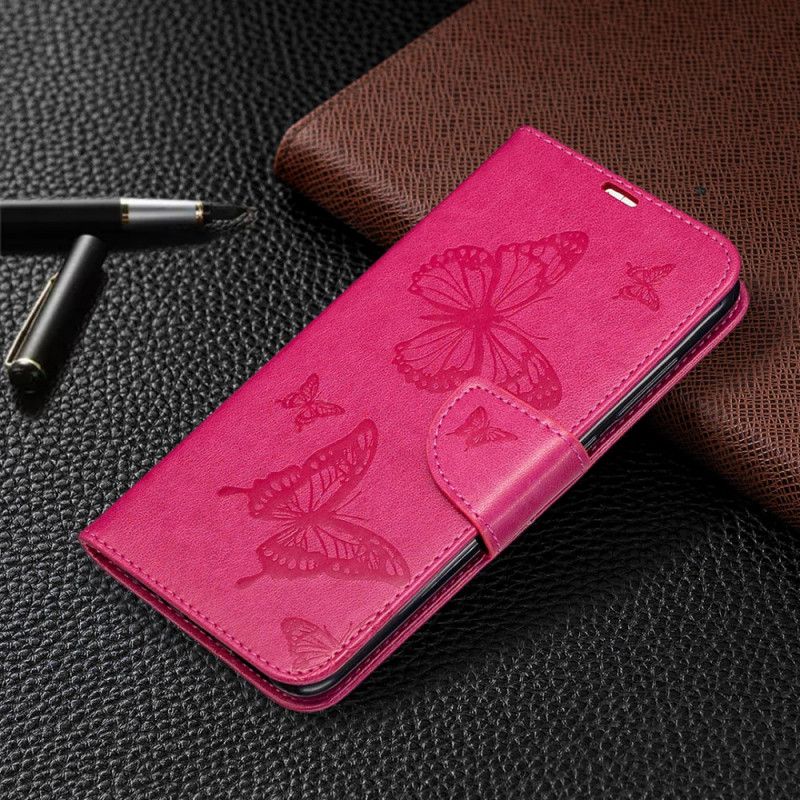 Leren Hoesje Xiaomi Redmi Note 9 Magenta Grijs Vlinders En Schuine Flap