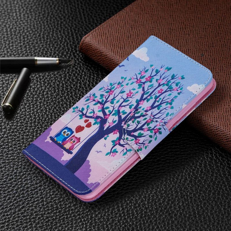 Leren Hoesje Xiaomi Redmi Note 9 Telefoonhoesje Uilen Op De Schommel