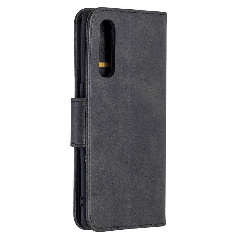 Leren Hoesje Oppo Find X2 Neo Grijs Zwart Gladde Schuine Flap