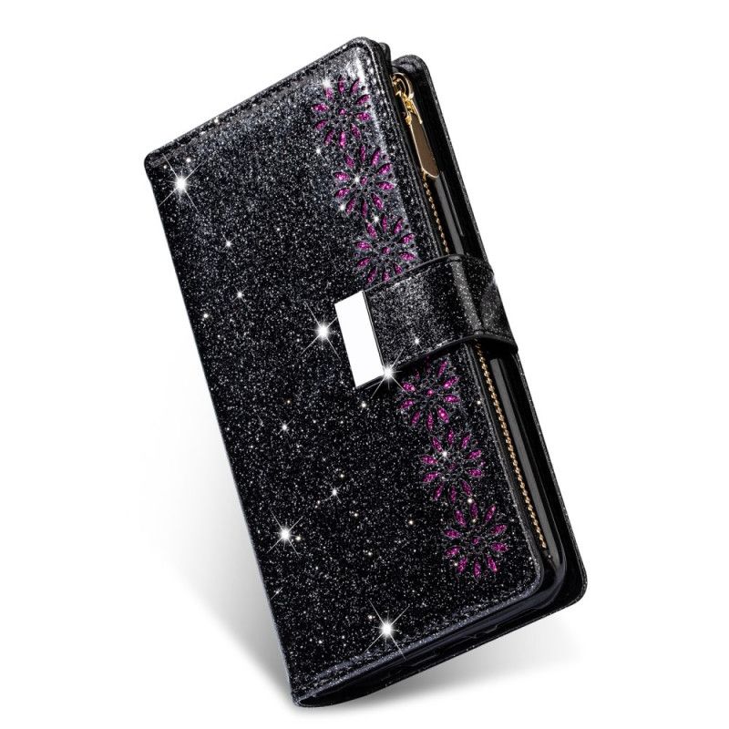 Flip Case Leren Samsung Galaxy Note 20 Ultra Magenta Zwart Portemonnee Met Ritssluiting