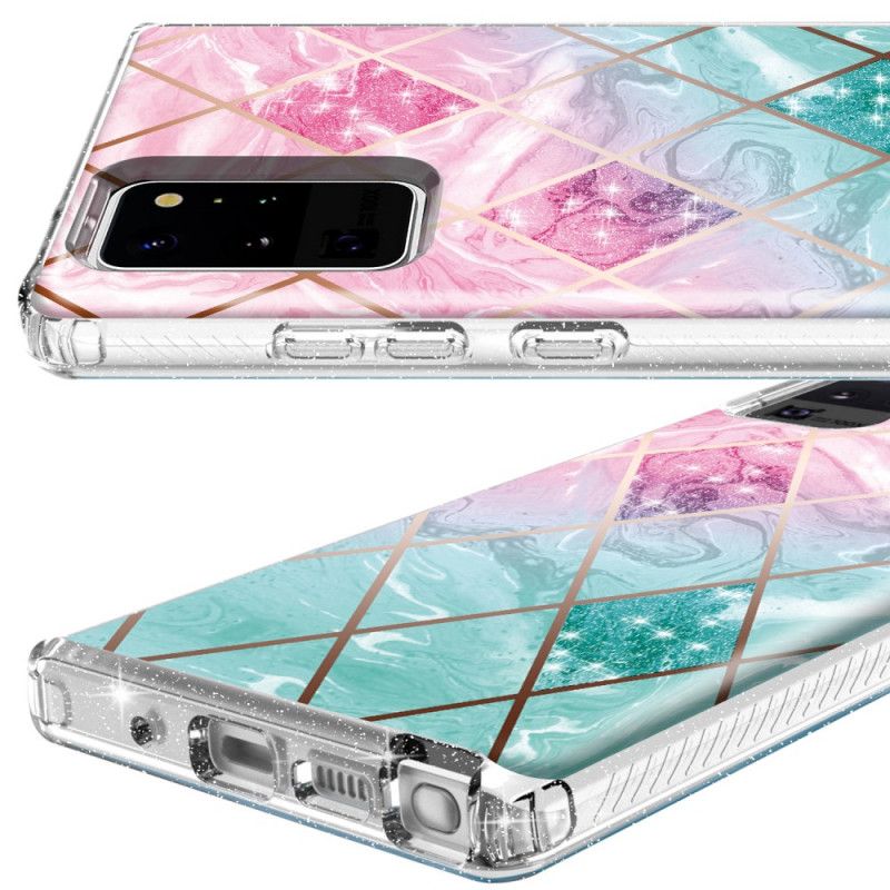 Hoesje Samsung Galaxy Note 20 Ultra Cyaan Roze Marmeren Glitter In Tegels