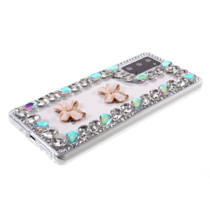 Hoesje voor Samsung Galaxy Note 20 Ultra Omtrek Strass Steentjes En Vlinders