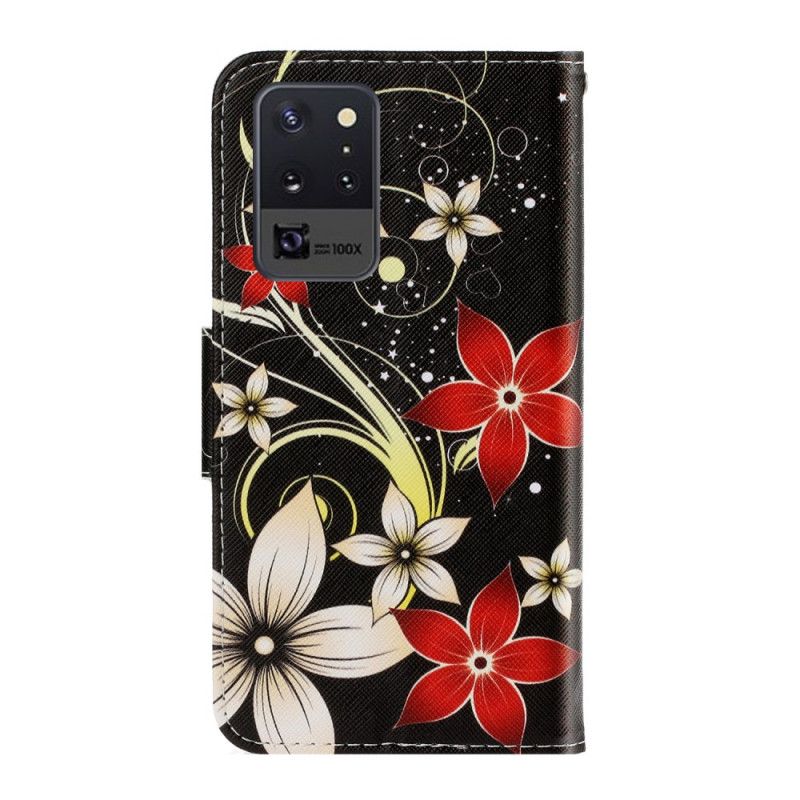 Leren Hoesje Samsung Galaxy Note 20 Ultra Kleurrijke Bloemen Met String