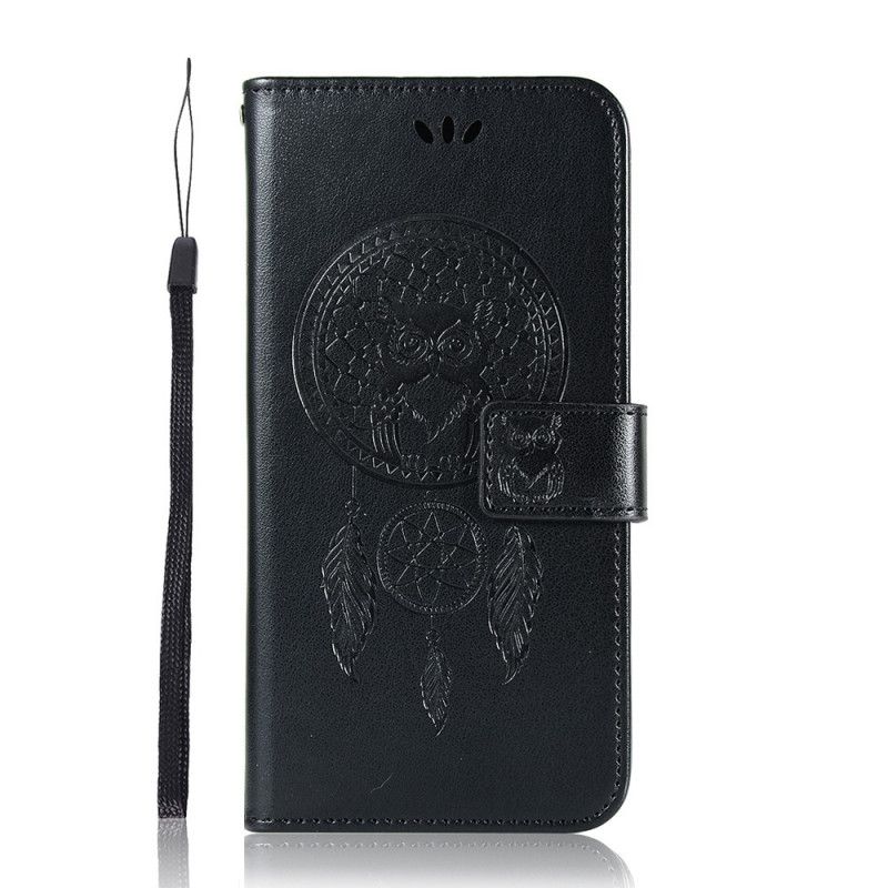 Leren Hoesje Samsung Galaxy Note 20 Ultra Lichtblauw Zwart Uil Dromenvanger Met Leereffect