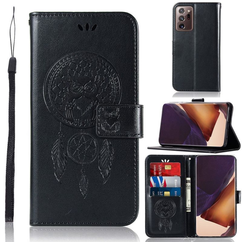 Leren Hoesje Samsung Galaxy Note 20 Ultra Lichtblauw Zwart Uil Dromenvanger Met Leereffect