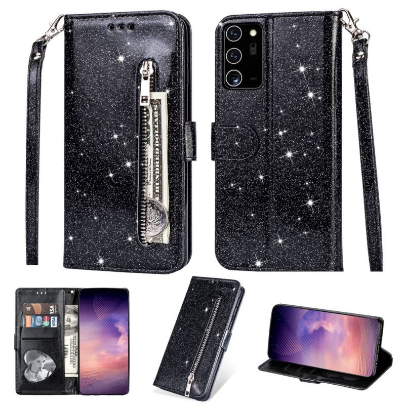 Leren Hoesje Samsung Galaxy Note 20 Ultra Magenta Zwart Portemonnee Met Glitter
