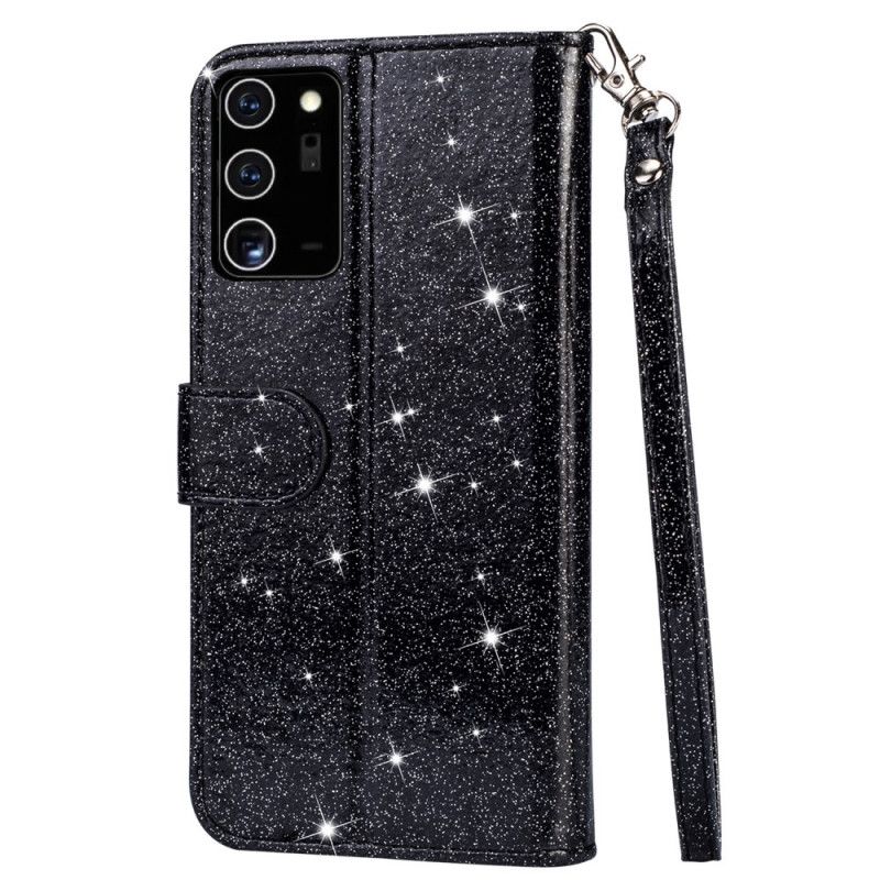 Leren Hoesje Samsung Galaxy Note 20 Ultra Magenta Zwart Portemonnee Met Glitter