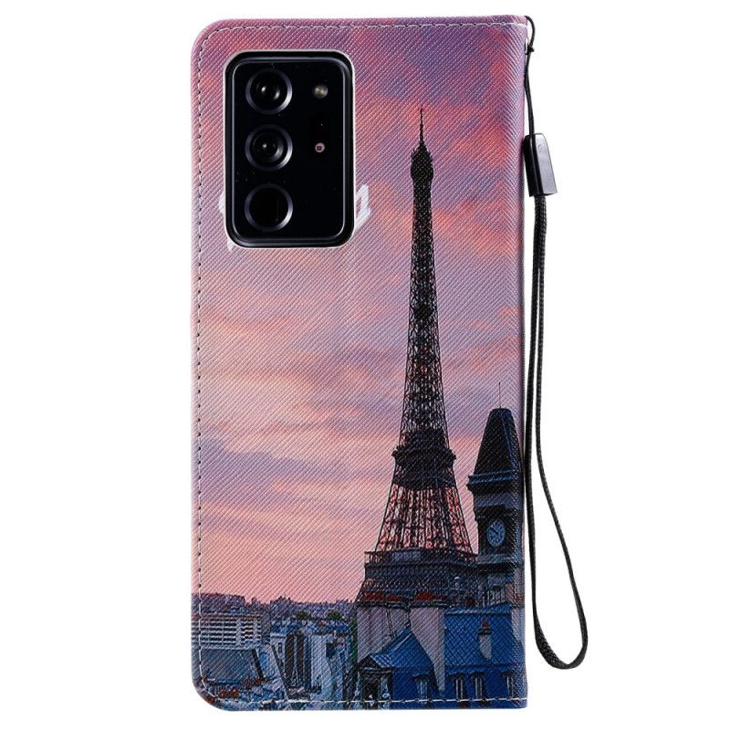 Leren Hoesje Samsung Galaxy Note 20 Ultra Telefoonhoesje Eiffeltoren Roze Lucht