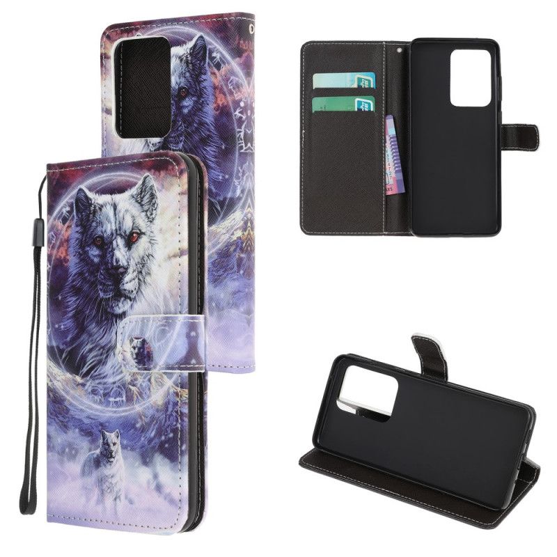 Leren Hoesje Samsung Galaxy Note 20 Ultra Wolf In De Winter Met String