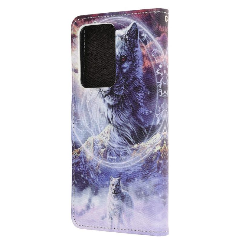 Leren Hoesje Samsung Galaxy Note 20 Ultra Wolf In De Winter Met String