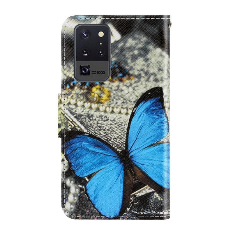 Leren Hoesje voor Samsung Galaxy Note 20 Ultra Lichtblauw Zwart Vlindervariaties Met String