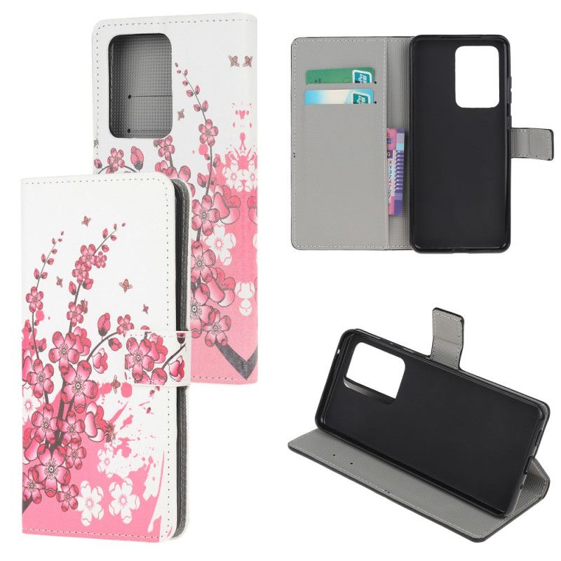 Leren Hoesje voor Samsung Galaxy Note 20 Ultra Roze Magenta Tropische Bloemen