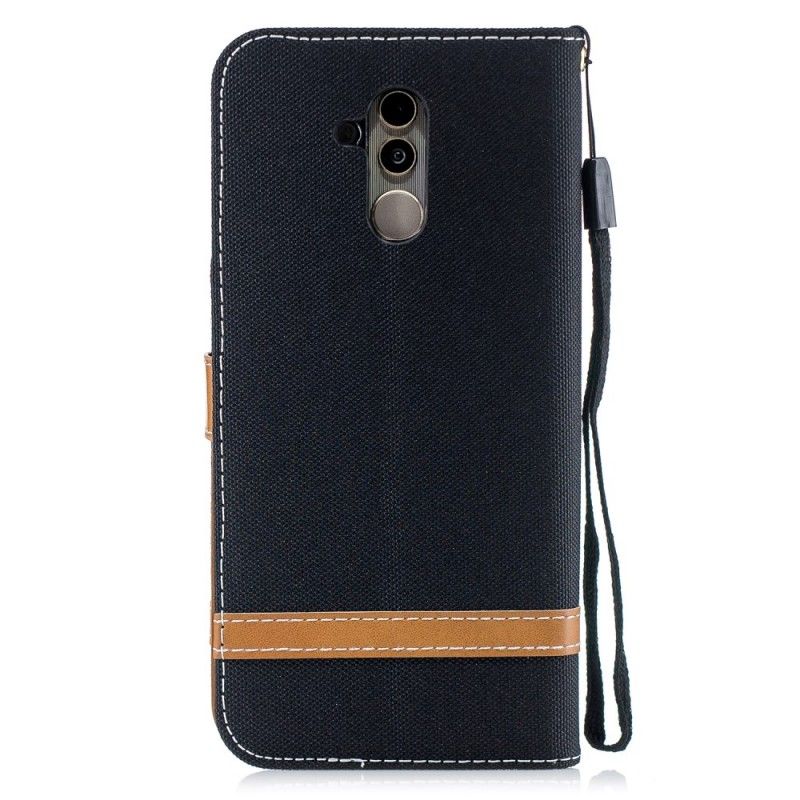 Cover Folio-hoesje Huawei Mate 20 Lite Cyaan Zwart Telefoonhoesje Stof En Leereffect Met String