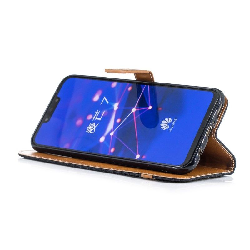 Cover Folio-hoesje Huawei Mate 20 Lite Cyaan Zwart Telefoonhoesje Stof En Leereffect Met String