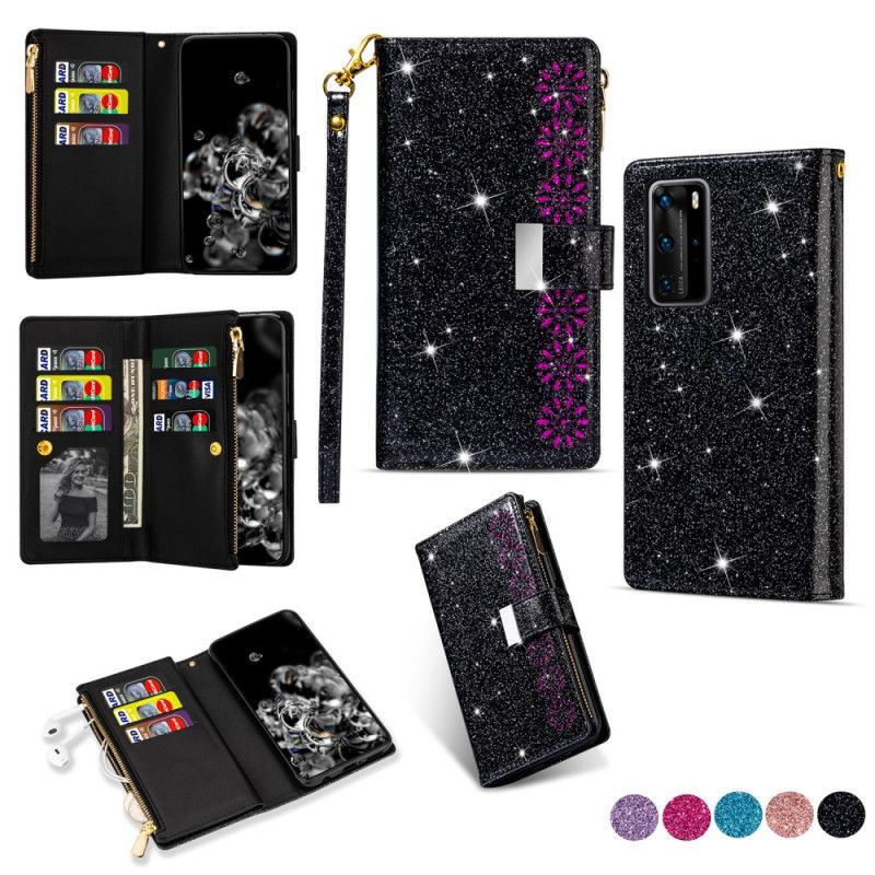 Flip Case Leren Huawei P40 Magenta Zwart Portemonnee Met Ritssluiting