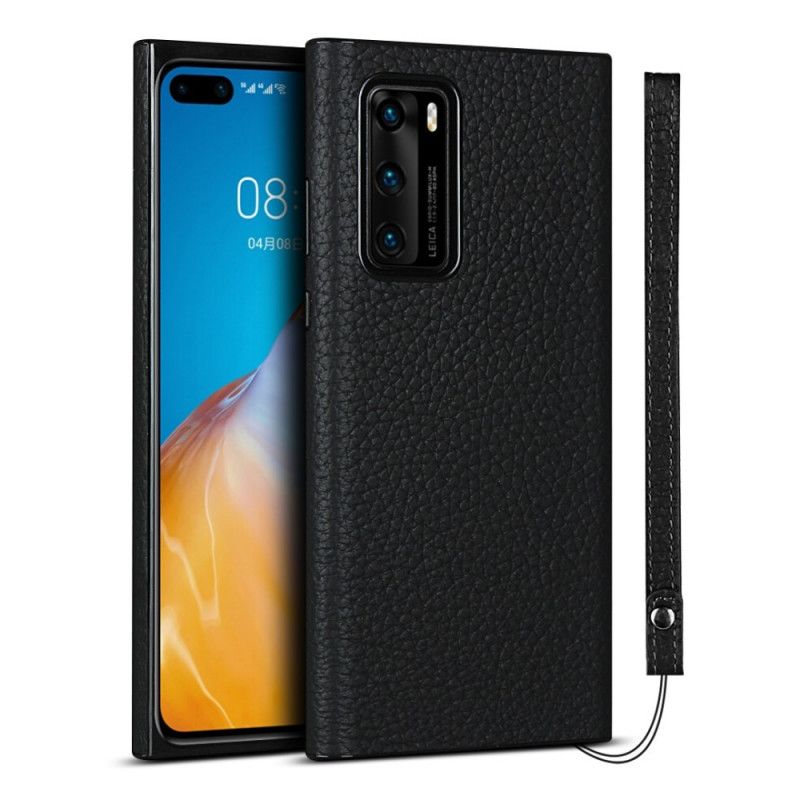 Hoesje Huawei P40 Grijs Zwart Echt Lychee Leer Met Riem