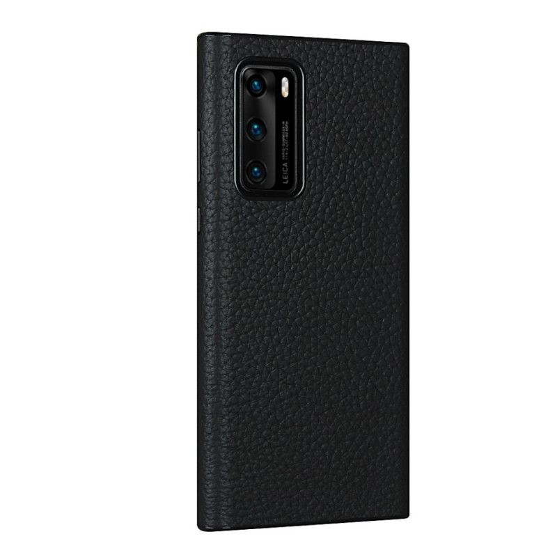 Hoesje Huawei P40 Grijs Zwart Echt Lychee Leer Met Riem