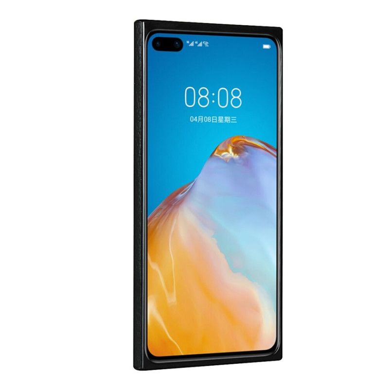 Hoesje Huawei P40 Grijs Zwart Echt Lychee Leer Met Riem