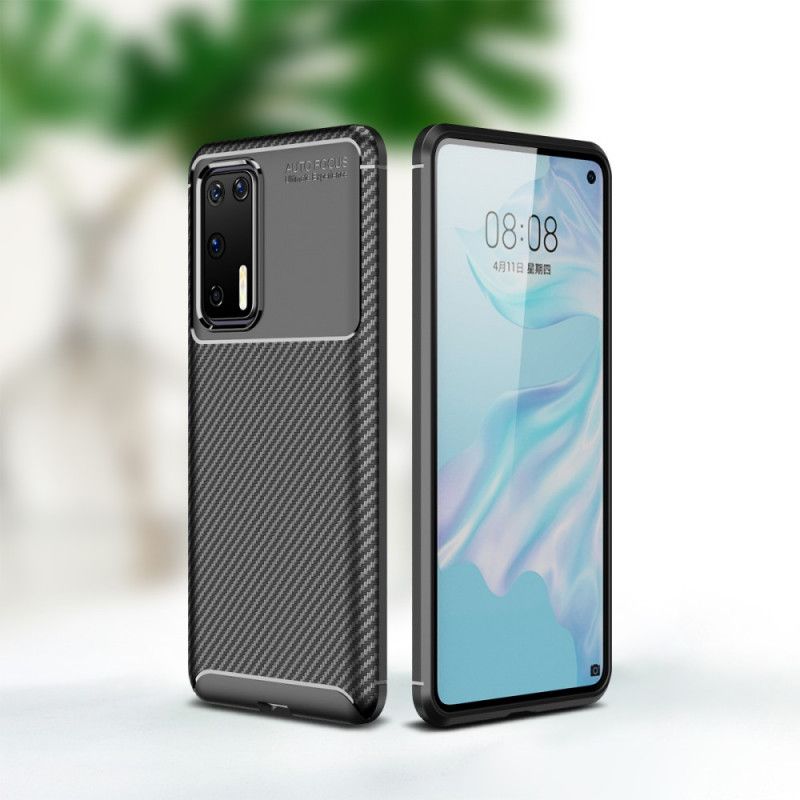 Hoesje voor Huawei P40 Donkerblauw Zwart Flexibele Koolstofvezeltextuur