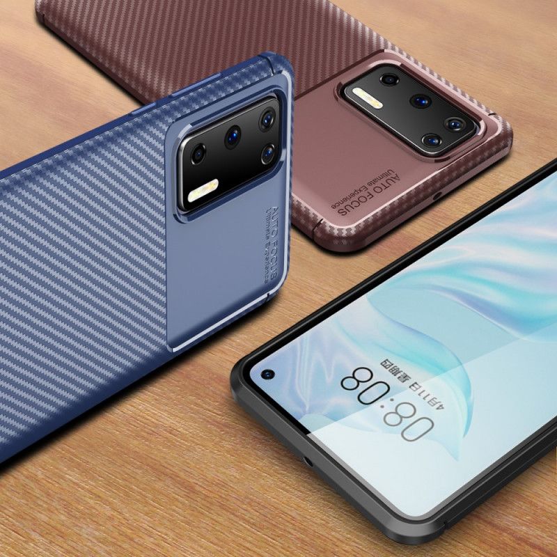 Hoesje voor Huawei P40 Donkerblauw Zwart Flexibele Koolstofvezeltextuur