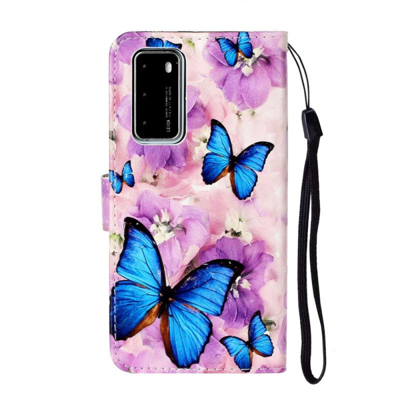 Leren Hoesje Huawei P40 Blauwe Vlinders In De Bloemen