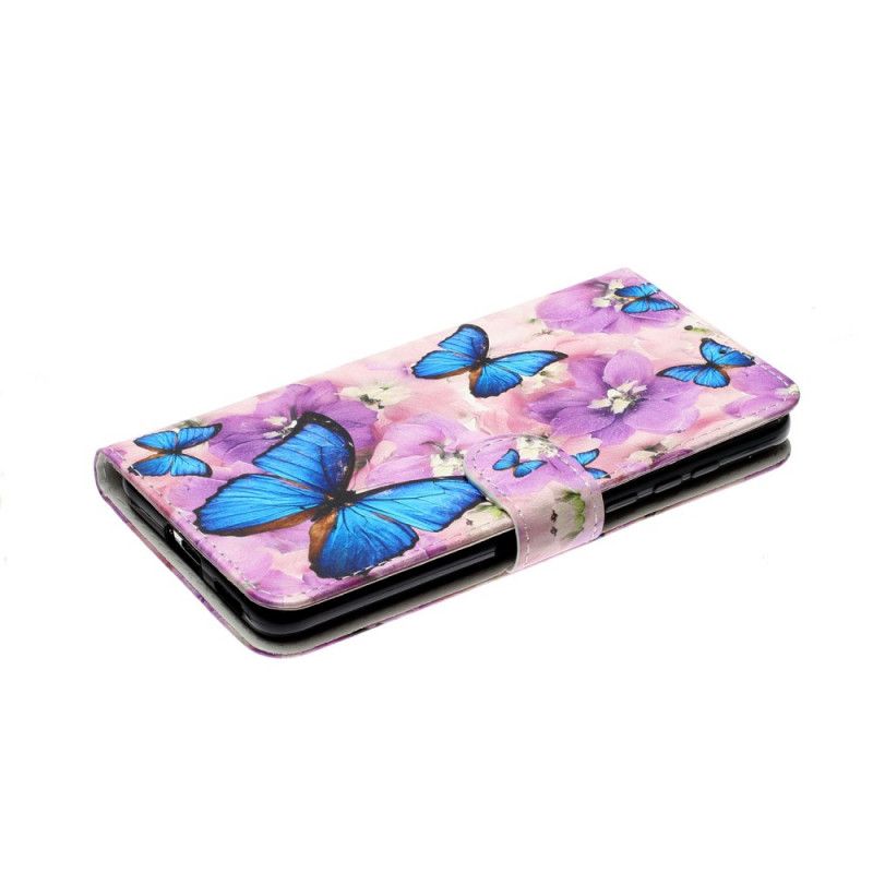 Leren Hoesje Huawei P40 Blauwe Vlinders In De Bloemen