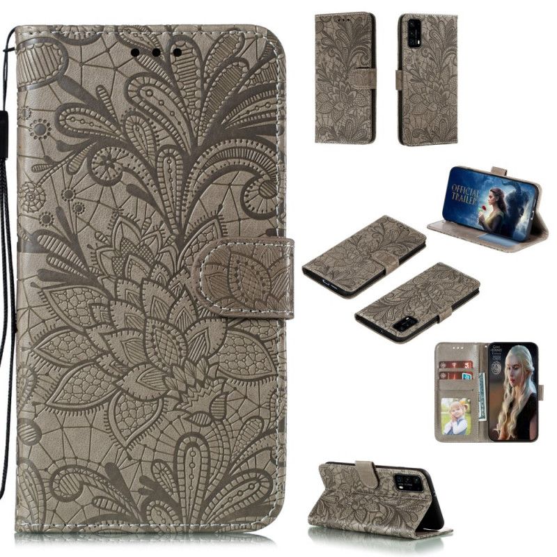 Leren Hoesje Huawei P40 Lichtpaars Rood Tribale Bloemen Met String