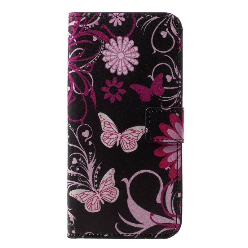 Flip Case Leren Huawei P20 Lite Wit Zwart Vlinders En Bloemen