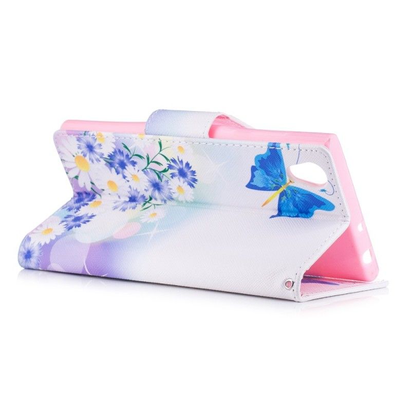 Leren Hoesje voor Sony Xperia L1 Lichtblauw Roze Geschilderde Vlinders En Bloemen