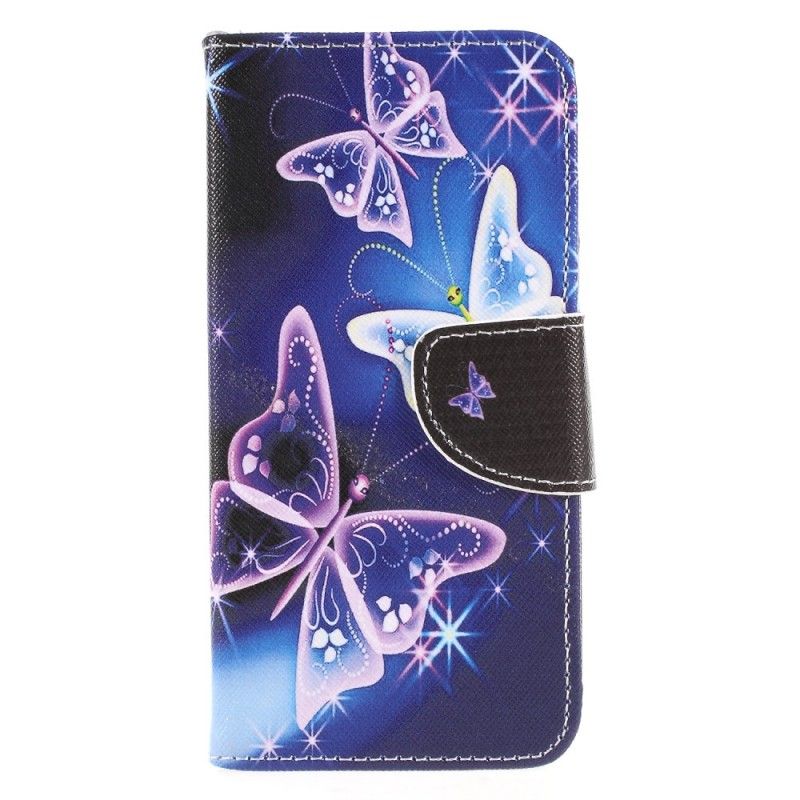 Leren Hoesje Sony Xperia XA2 Paars Lichtblauw Vlinders