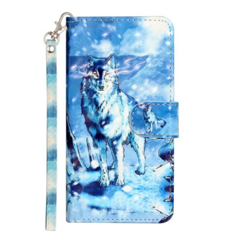 Flip Case Leren Samsung Galaxy S24 Ultra 5g Sneeuwwolf Met Riem