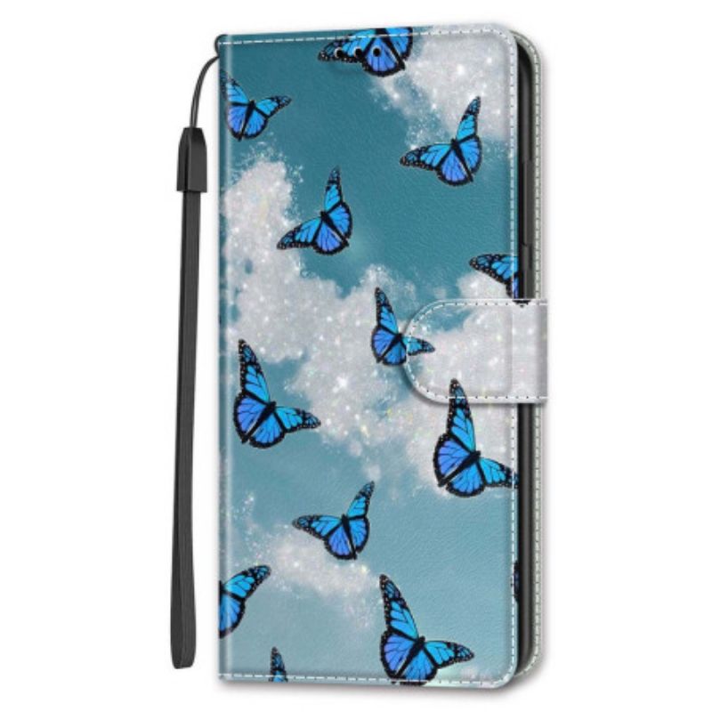 Folio-hoesje Samsung Galaxy S24 Ultra 5g Telefoonhoesje Witte Wolken En Blauwe Vlinders Met Riem