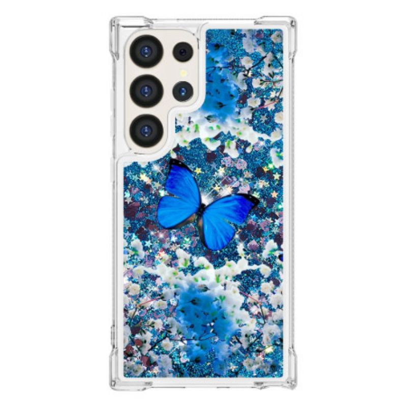 Hoesje Samsung Galaxy S24 Ultra 5g Blauwe Vlinderglitter Bescherming Hoesje