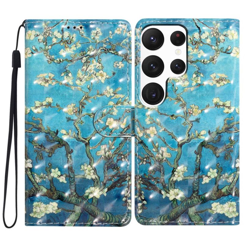 Leren Hoesje Samsung Galaxy S24 Ultra 5g Abrikozenbloemen Met Riempje Bescherming Hoesje