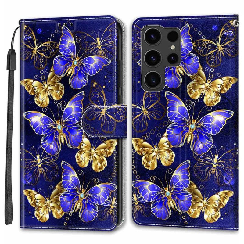 Leren Hoesje Samsung Galaxy S24 Ultra 5g Gouden En Paarse Vlinders Met Riem Bescherming Hoesje