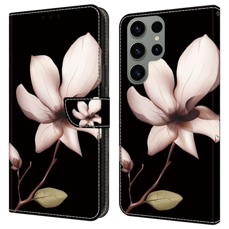 Leren Hoesje Samsung Galaxy S24 Ultra 5g Roze Bloem Op Zwarte Achtergrond Bescherming Hoesje