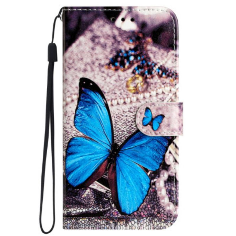 Leren Hoesje Voor Samsung Galaxy S24 Ultra 5g Blauwe Vlinder Met Riem