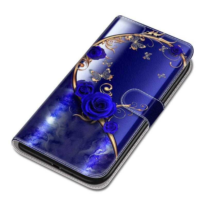 Leren Hoesje Voor Samsung Galaxy S24 Ultra 5g Blauwroze En Gouden Vlinders Met Riem