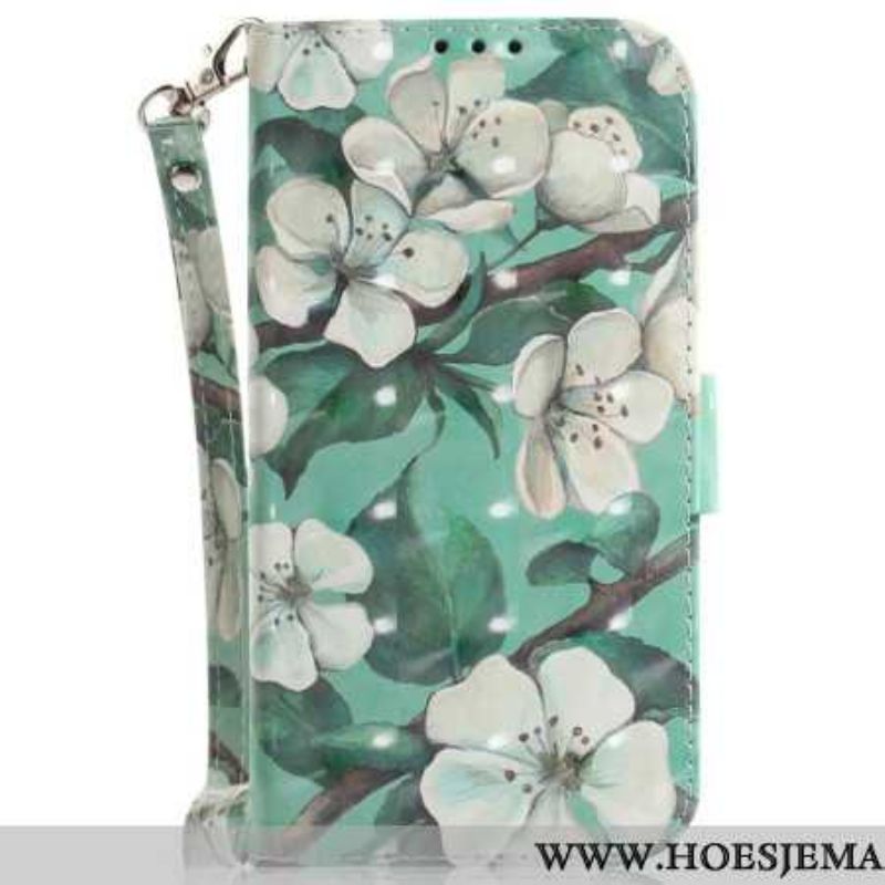 Leren Hoesje Voor Samsung Galaxy S24 Ultra 5g Met Witte Bloemen Met Riempje