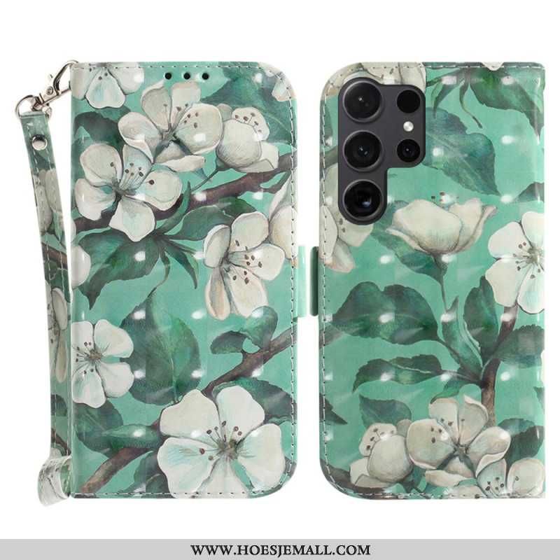 Leren Hoesje Voor Samsung Galaxy S24 Ultra 5g Met Witte Bloemen Met Riempje