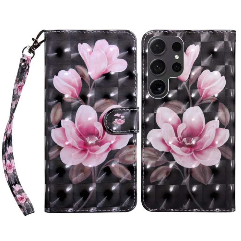 Leren Hoesje Voor Samsung Galaxy S24 Ultra 5g Roze Bloemen Op Zwarte Achtergrond Met Riempje