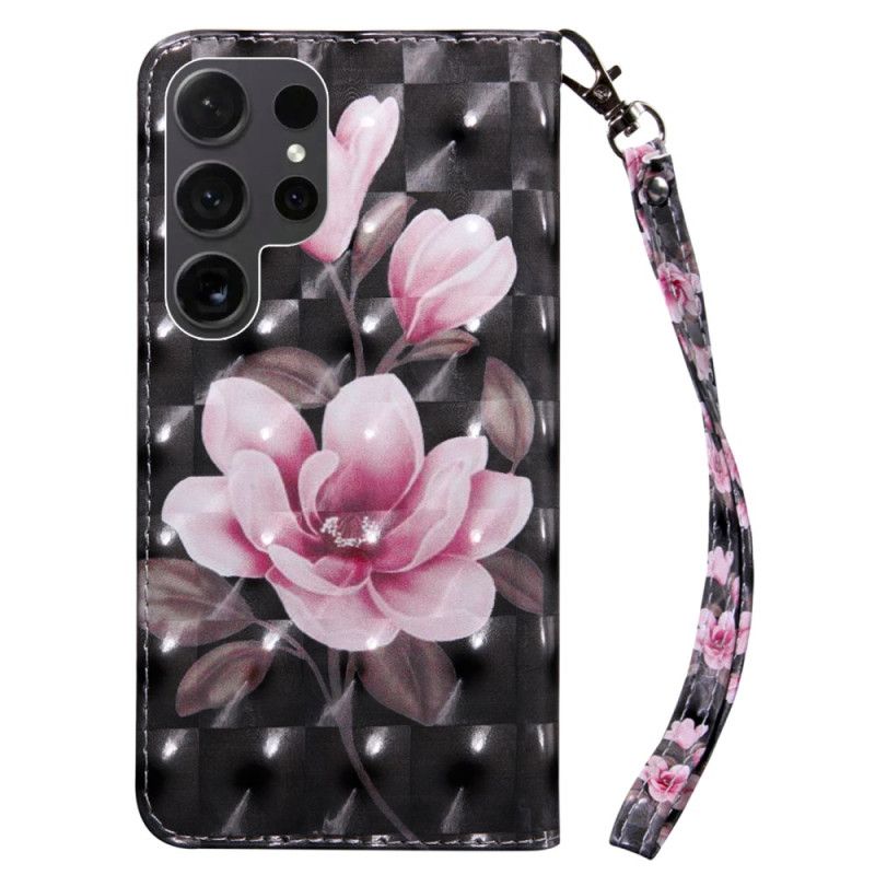 Leren Hoesje Voor Samsung Galaxy S24 Ultra 5g Roze Bloemen Op Zwarte Achtergrond Met Riempje