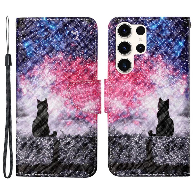 Leren Hoesje Voor Samsung Galaxy S24 Ultra 5g Sterrenhemel En Draagkoord Cat