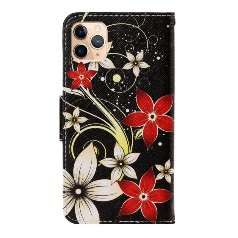 Bescherming Hoesje iPhone 12 Pro Max Grijs Zwart Kleurrijke Bloemen Met Een Riem