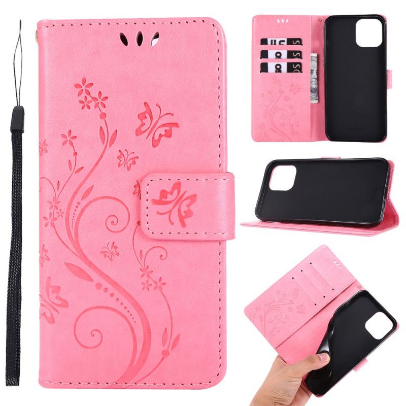 Flip Case Leren iPhone 12 Pro Max Grijs Zwart String Met Vlinders En Bloemen