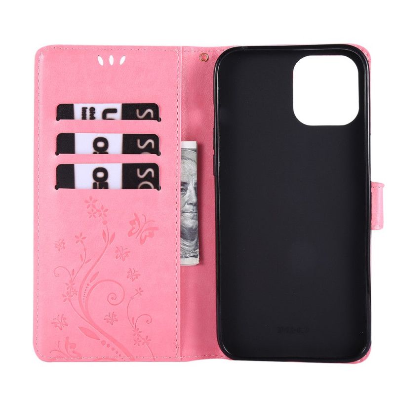 Flip Case Leren iPhone 12 Pro Max Grijs Zwart String Met Vlinders En Bloemen