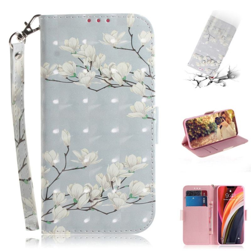 Flip Case Leren iPhone 12 Pro Max Groen Grijs Wilde Bloemen Met String