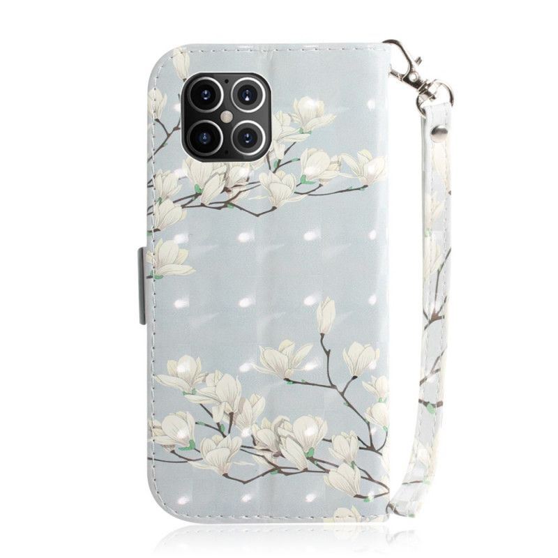 Flip Case Leren iPhone 12 Pro Max Groen Grijs Wilde Bloemen Met String